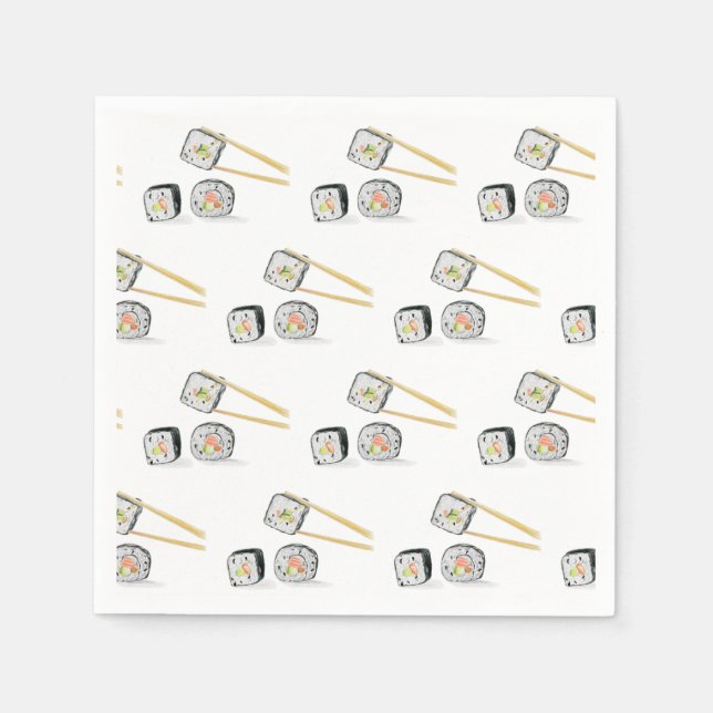 Sushi Salmon Rolls With Chopsticks Illustration Napkins (Front)