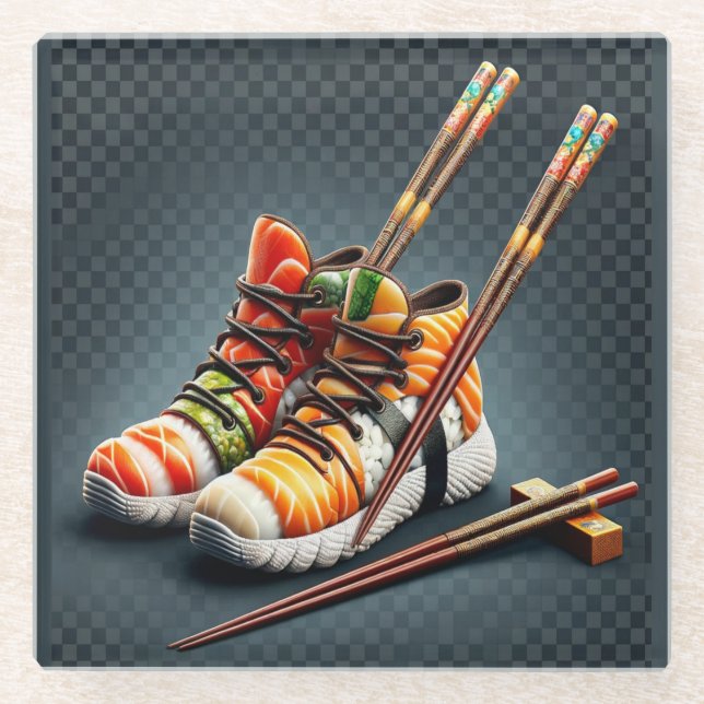 Sushi Sneakers with Chopsticks Humor Glass Coaster (Front)