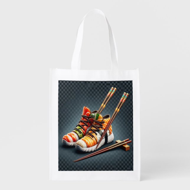 Sushi Sneakers with Chopsticks Humor  Grocery Bag (Front)