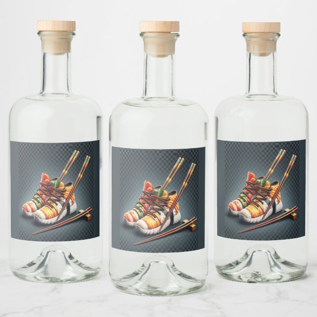 Sushi Sneakers with Chopsticks Humor Liquor Bottle Label (Bottles)