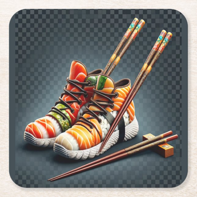 Sushi Sneakers with Chopsticks Humor Square Paper Coaster (Front)