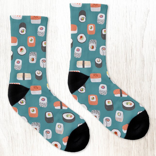 Sushi Socks (Japanese sushi food art teal green pattern socks)