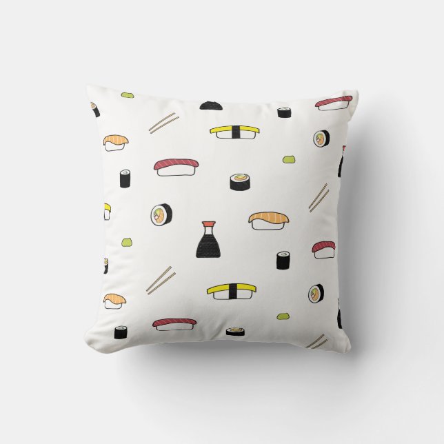 Sushi Themed Pattern | Illustrated Sushi Set White Throw Pillow (Front)
