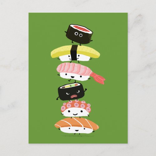 Sushi Tower _ A Happy Stack of Sushi Friends Postcard