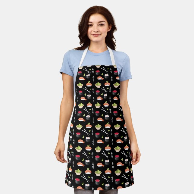 Sushi, Wasabi, Rice, fish and Chop Stick Black Apron (Worn)