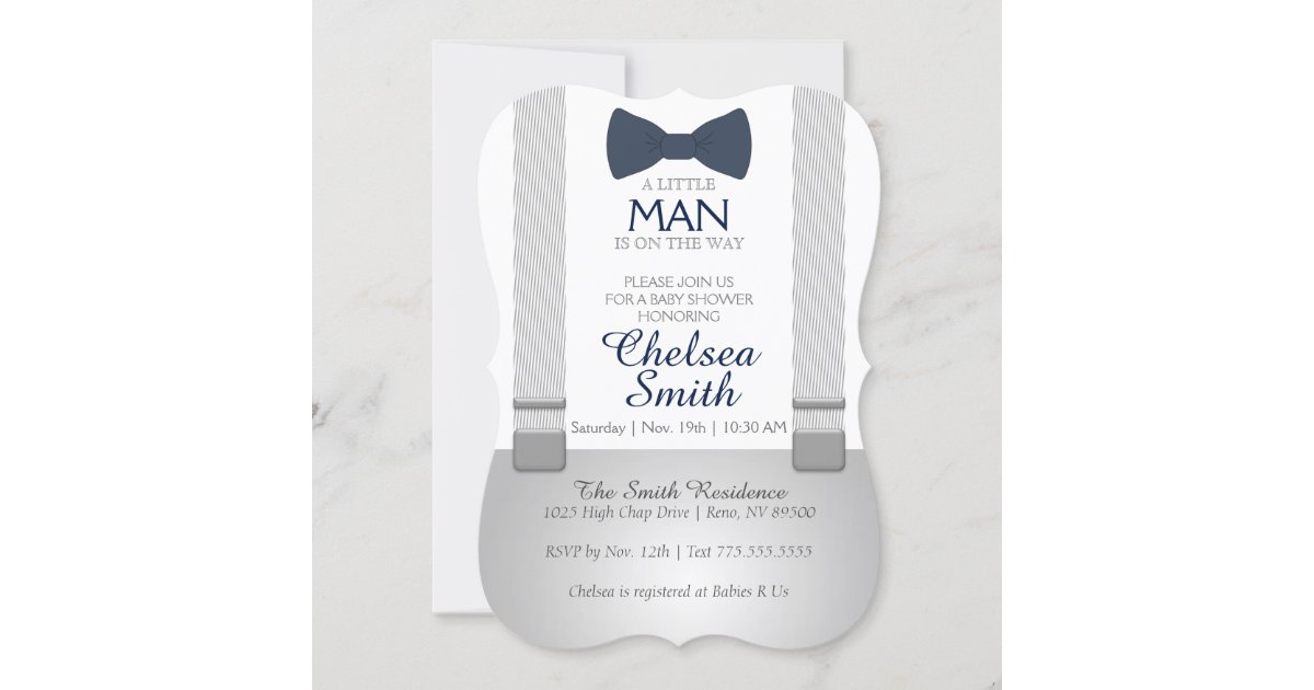 Suspender, Bow tie, Baby Shower Invitation | Zazzle