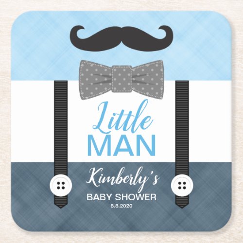 Suspender little man blue navy boy baby shower square paper coaster