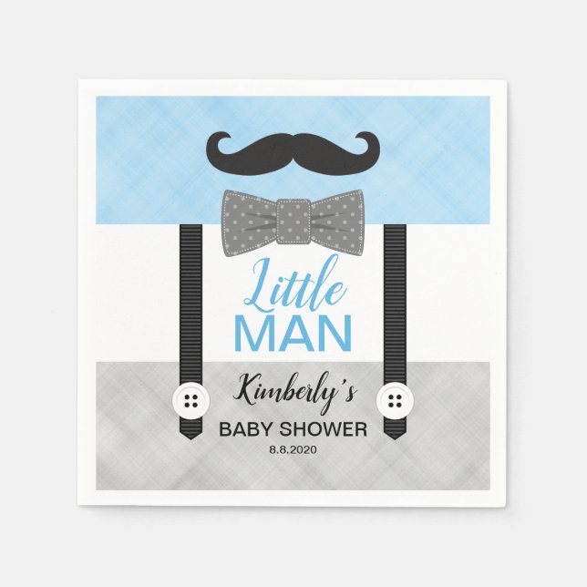 Suspenders bow tie baby blue gray boy baby shower napkins (Front)
