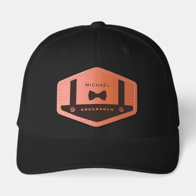 Suspenders & Bowtie Groomsman Wedding Leather Patch Hat (Front)
