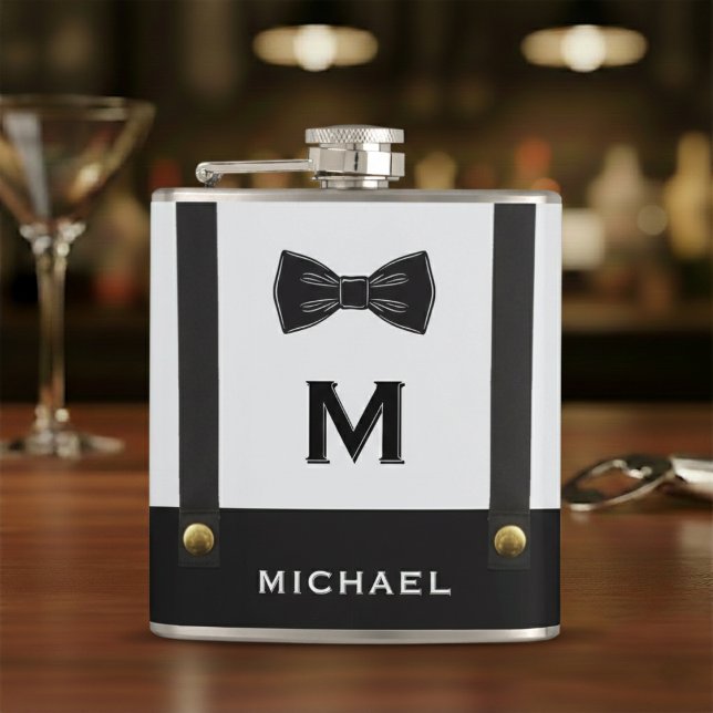 Suspenders & Bowtie Name Monogram Boy  Flask (Creator Uploaded)