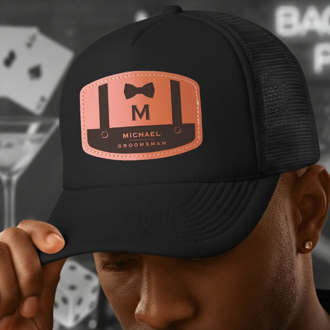 Suspenders & Bowtie Name Monogram Groomsman Leather Patch Hat (Creator Uploaded)
