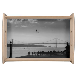 Suspension Bridge in Lisbon Black and White Photo Serving Tray