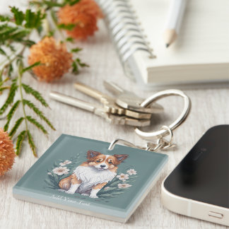 Süßer Collie umringt von Blumen -  Keychain