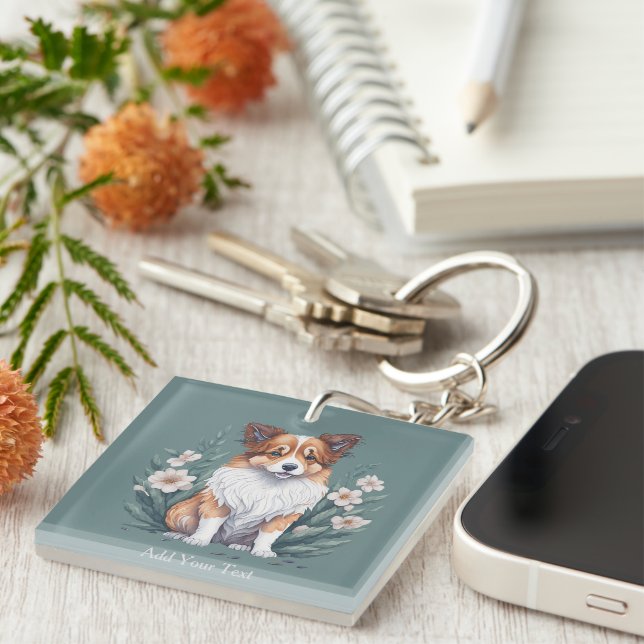 Süßer Collie umringt von Blumen -  Keychain (Front Right)