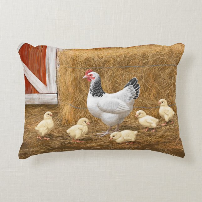 Sussex Chicken Mama Hen and Chicks Accent Pillow (Front)