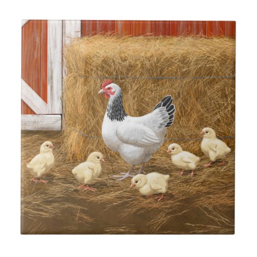 Sussex Chicken Mama Hen and Chicks Ceramic Tile