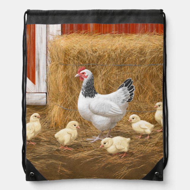 Sussex Chicken Mama Hen and Chicks Drawstring Bag (Front)
