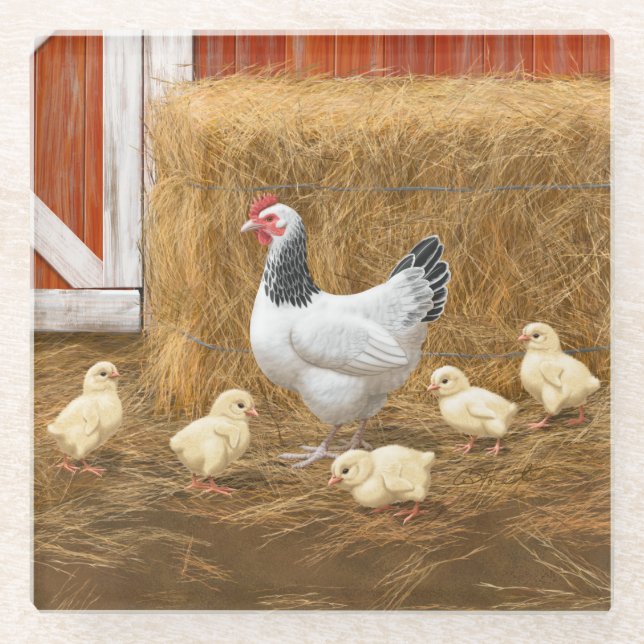Sussex Chicken Mama Hen and Chicks Glass Coaster (Front)