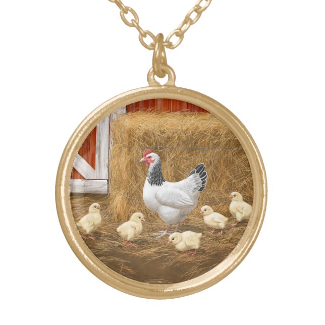 Sussex Chicken Mama Hen and Chicks Gold Plated Necklace (Front)