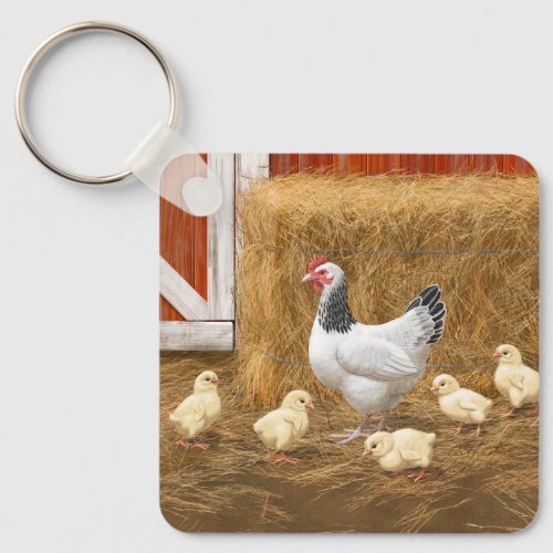 Sussex Chicken Mama Hen and Chicks Keychain