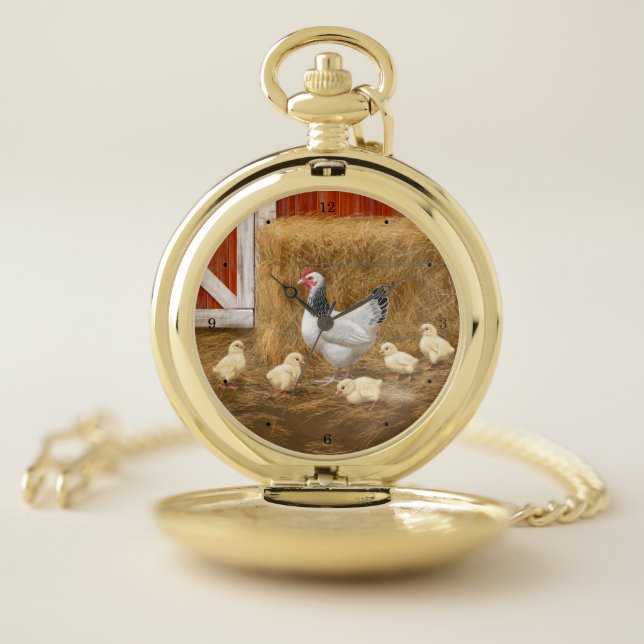 Sussex Chicken Mama Hen and Chicks Pocket Watch (Inside)