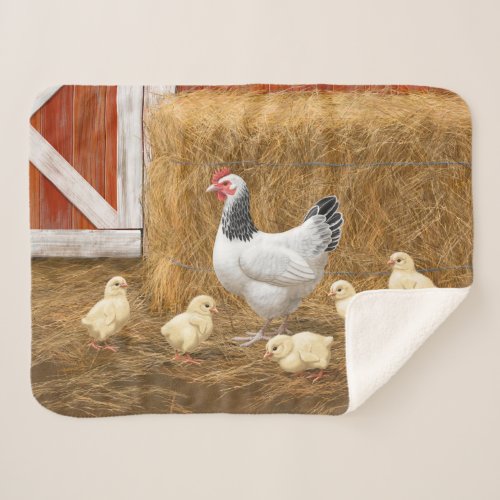 Sussex Chicken Mama Hen and Chicks Sherpa Blanket