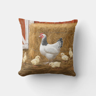Sussex Chicken Mama Hen and Chicks Throw Pillow