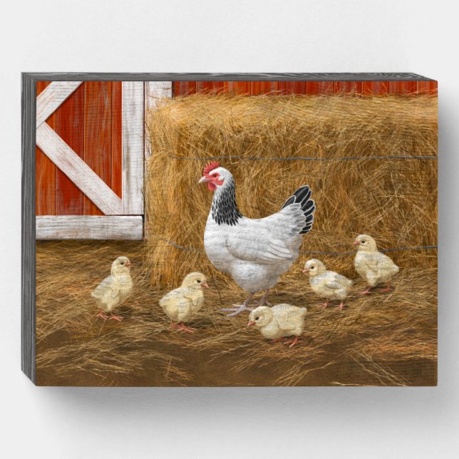 Sussex Chicken Mama Hen and Chicks Wooden Box Sign (Front Horizontal)