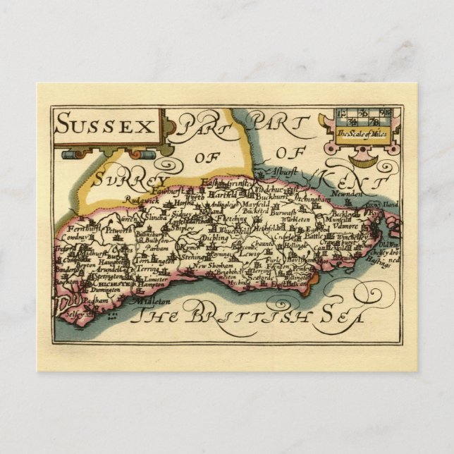Sussex County England Old Antiquarian Atlas Map Postcard (Front)