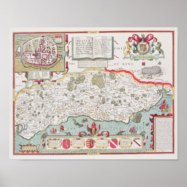 Sussex, engraved by Jodocus Hondius  from John Poster (Front)