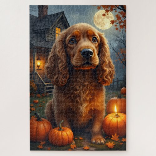 Sussex Spaniel Cottage Halloween Portrait Art Jigsaw Puzzle