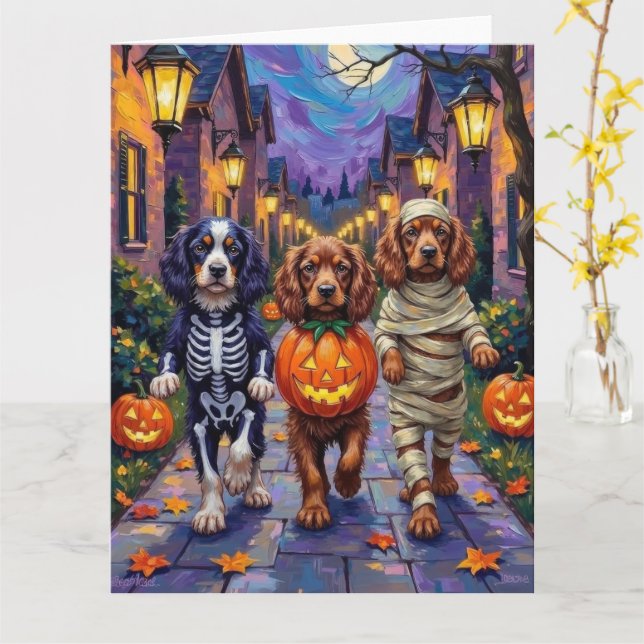 Sussex Spaniel Dogs in Halloween Costumes Card (Yellow Flower)