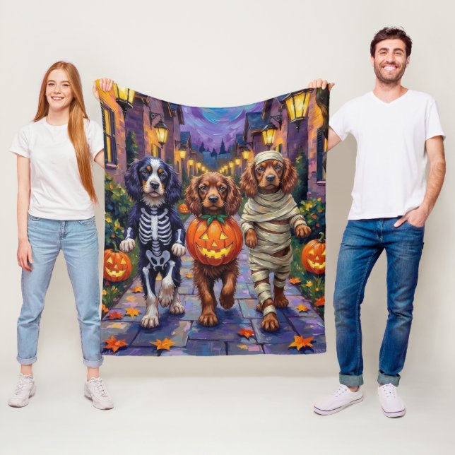 Sussex Spaniel Dogs in Halloween Costumes Fleece Blanket (In Situ)