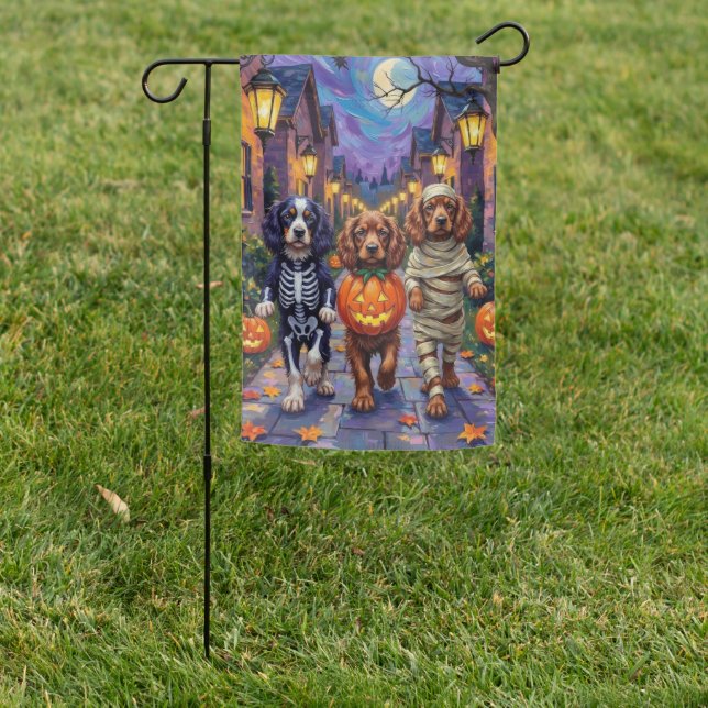 Sussex Spaniel Dogs in Halloween Costumes Garden Flag (In SItu)