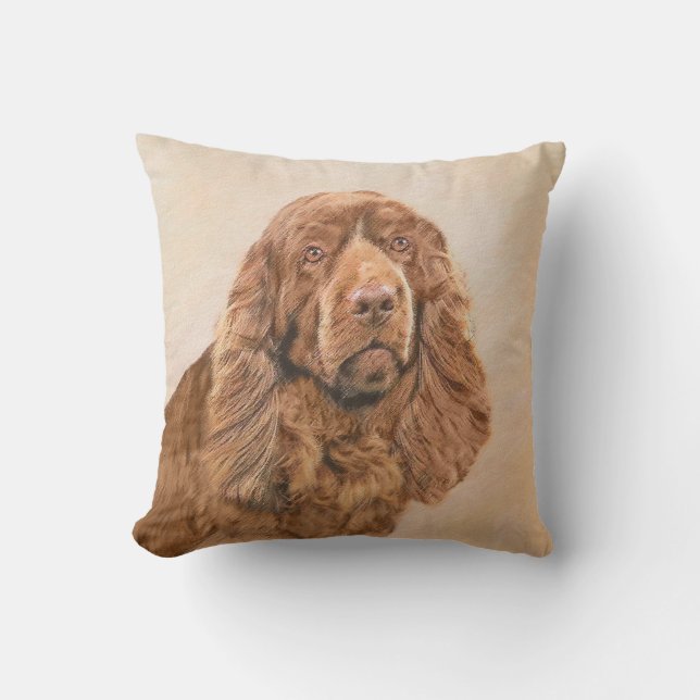Sussex Spaniel Painting - Cute Original Dog Art Outdoor Pillow (Front)