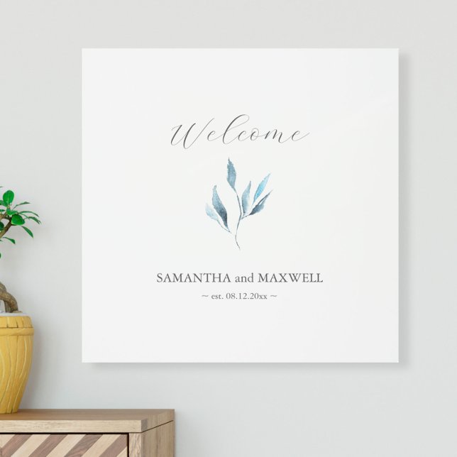 Sustainable Wedding Sign Minimalistic Dusty Blue (Welcome sign porch or foyer minimalistic botanical dusty blue leaves by Victoria Grigaliunas)