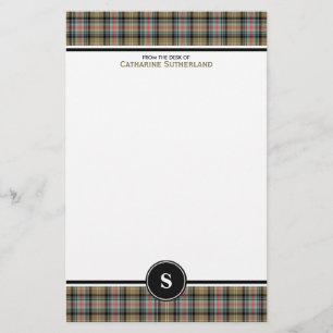 Sutherland Clan Ancient Tartan Tan Plaid Monogram Stationery