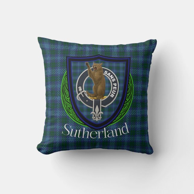 Sutherland Scottish Clan Tartan & Crest Throw Pillow (Front)