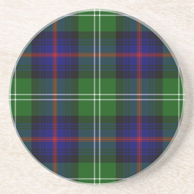 Sutherland tartan blue green plaid drink coaster (Front)