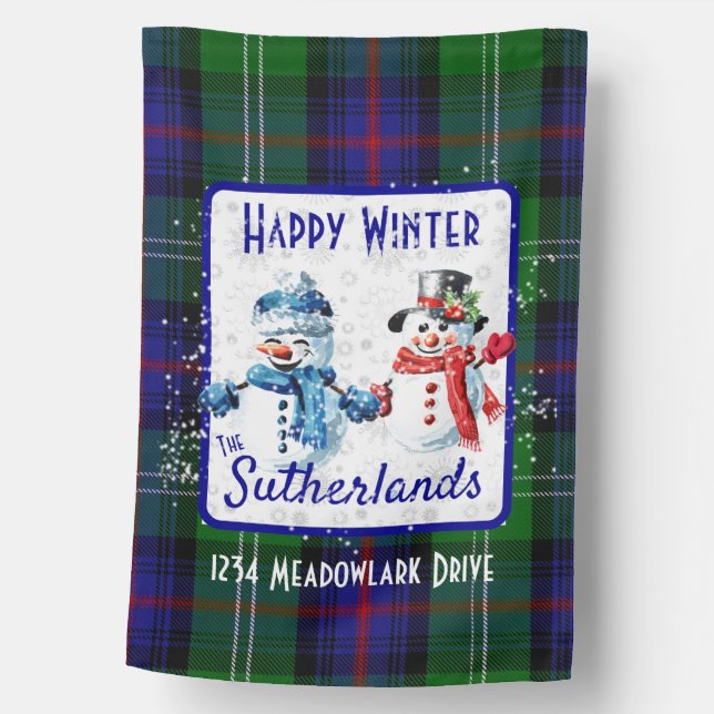 Sutherland Tartan 'Happy Winter' Snowman Address House Flag (Front)