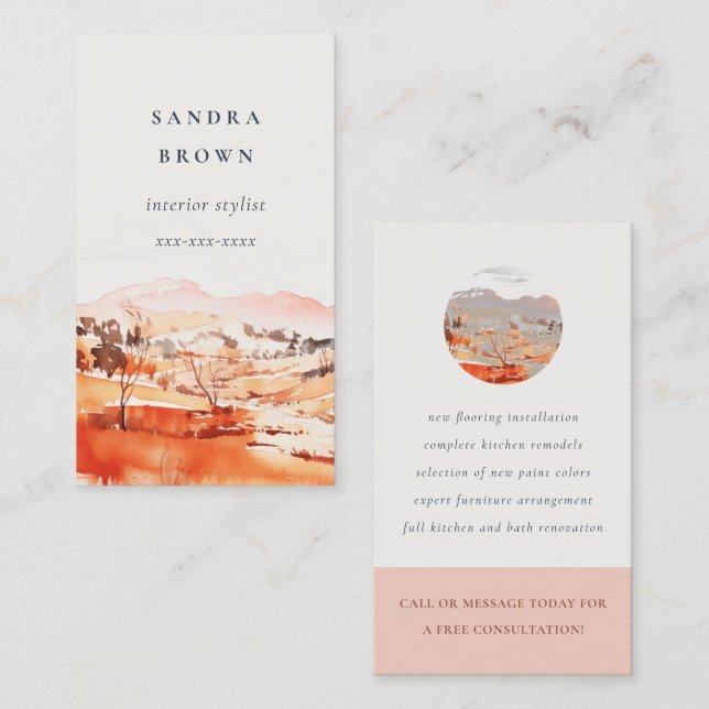 Sutle Blush Orange Watercolor Woods Mountain  Business Card (Front/Back)