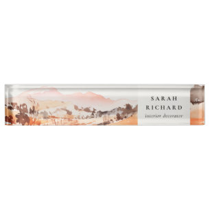 Sutle Blush Orange Watercolor Woods Mountain Desk Name Plate