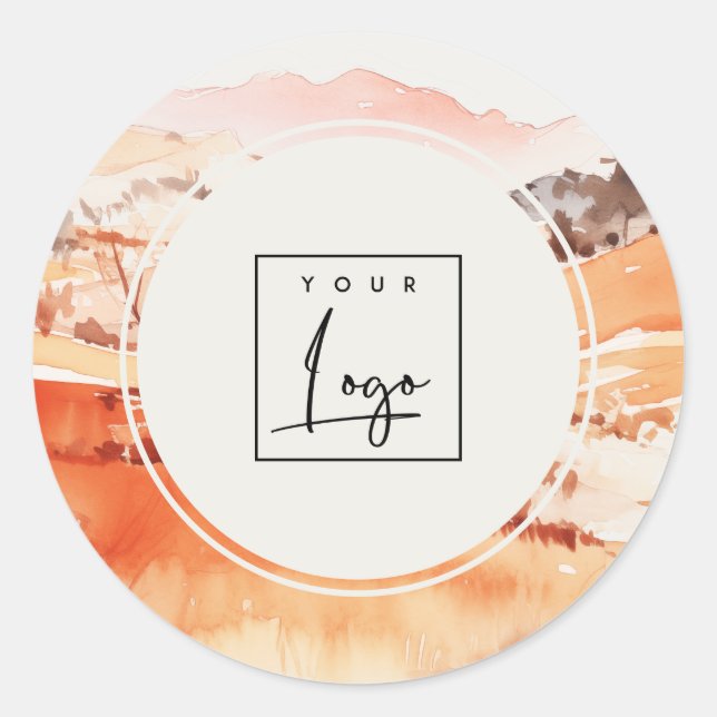 Sutle Blush Orange Watercolor Woods Mountain Logo Classic Round Sticker (Front)