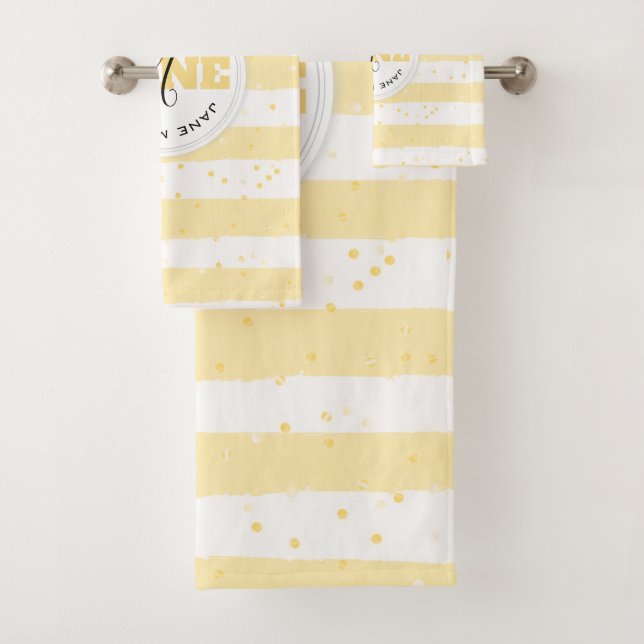 Suuny Yellow and White Monogrammed Name Stripes Bath Towel Set (Insitu)
