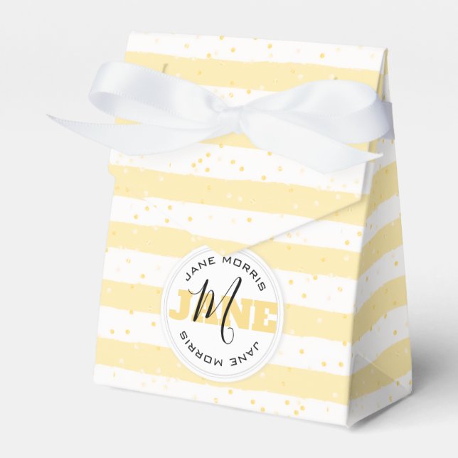 Suuny Yellow and White Monogrammed Name Stripes Favor Boxes (Front Side)