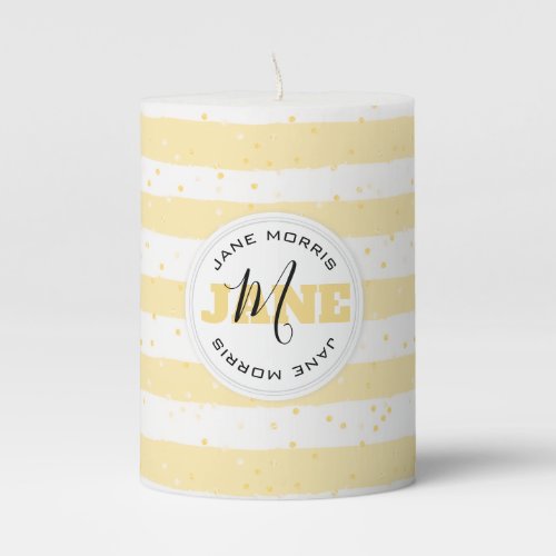 Suuny Yellow and White Monogrammed Name Stripes Pillar Candle