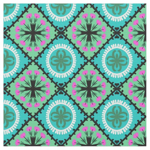 Suzani Pattern with Uzbek and Kazakh Motifs Fabric