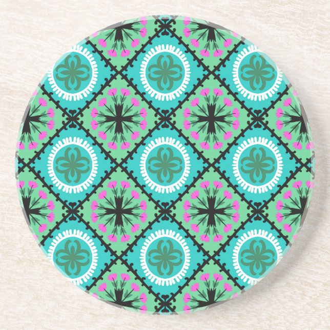 Suzani Pattern with Uzbek and Kazakh Motifs Sandstone Coaster (Front)