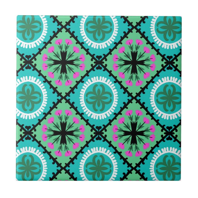 Suzani Pattern with Uzbek and Kazakh Motifs Tile (Front)