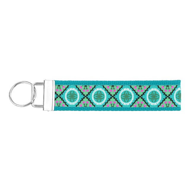 Suzani Pattern with Uzbek and Kazakh Motifs Wrist Keychain (Keys on Left)